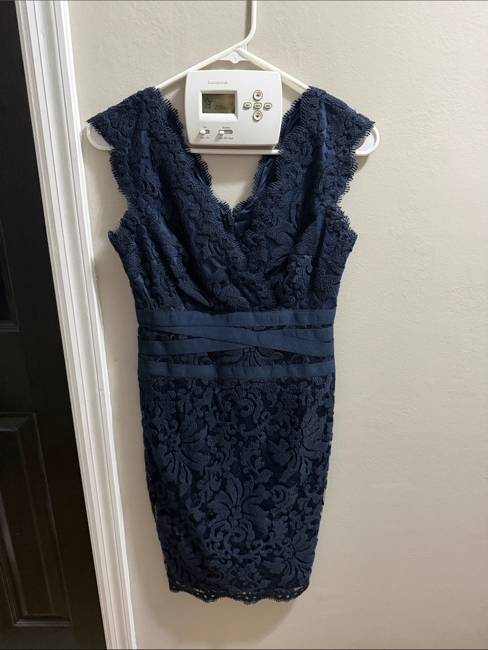 Tadashi Shoji Navy Lace V-Neck Midi Sheath Dress